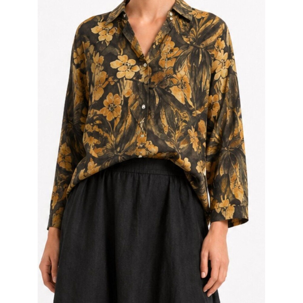 Chico's Linen Tropical Floral Button Front Top Beige Black Size 2 Large